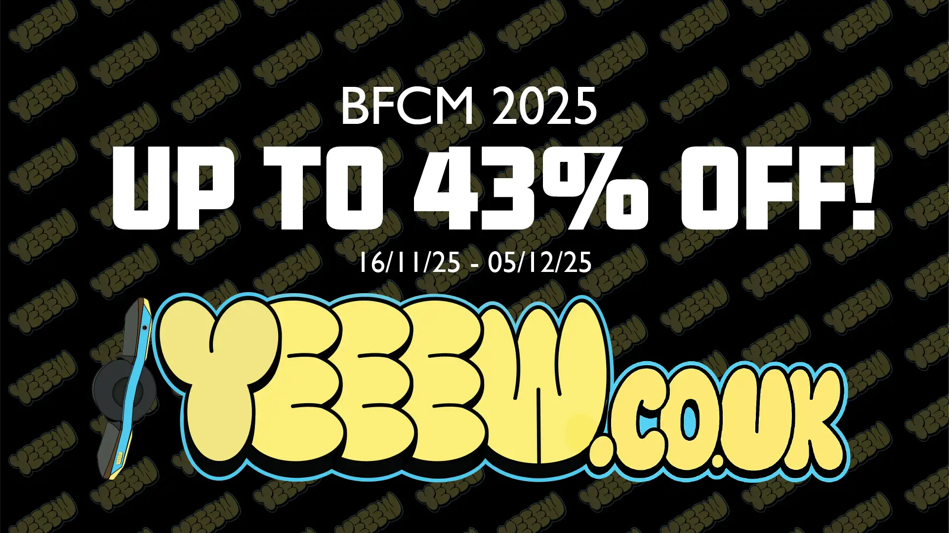 43% off yeew.co.uk black and yellow patterned promotional poster.