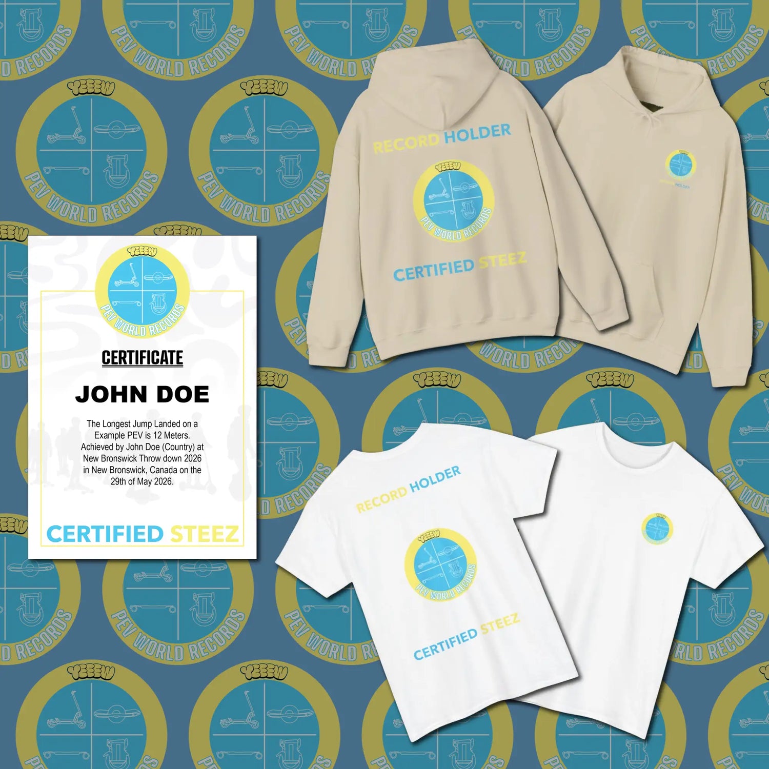 Beige hoodie with blue and yellow ’record holder’ graphic design