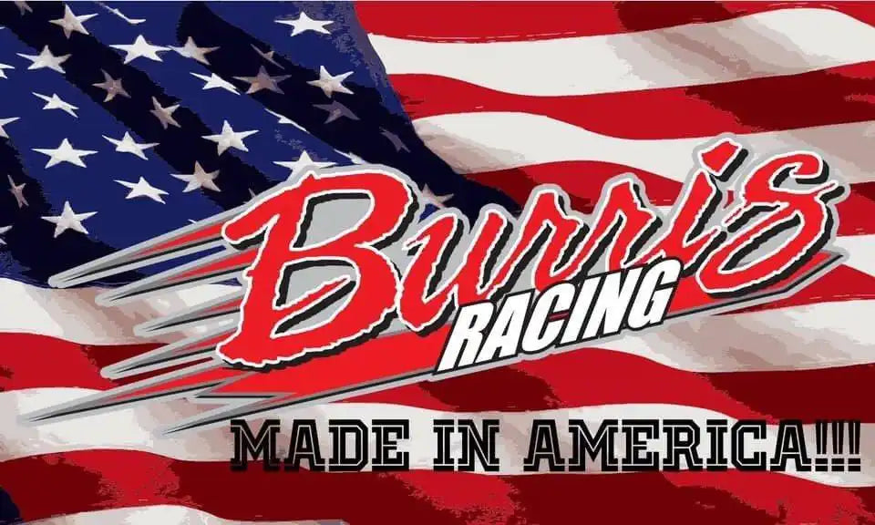 A red and white ’Burris Racing’ logo with a partial American flag background.