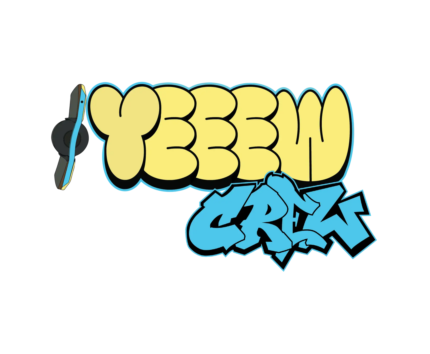 Vibrant yellow and blue graffiti-style logo with the text ’yeew’ above ’criz,’ accented by a stylized skateboard graphic.